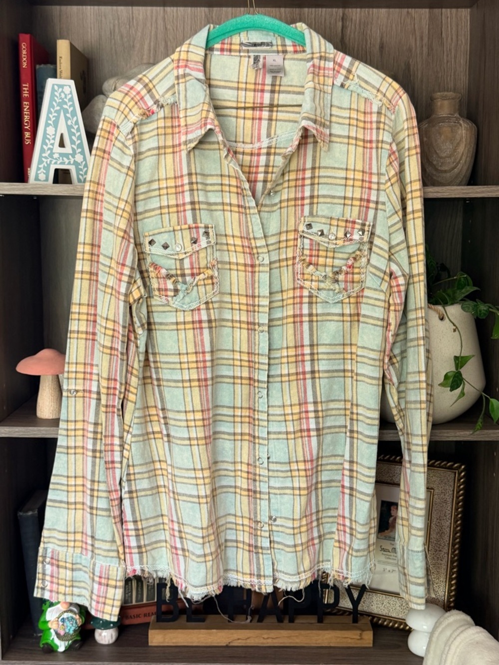 BKE Plaid Button-Down Shirt in Mint, Yellow & Pink